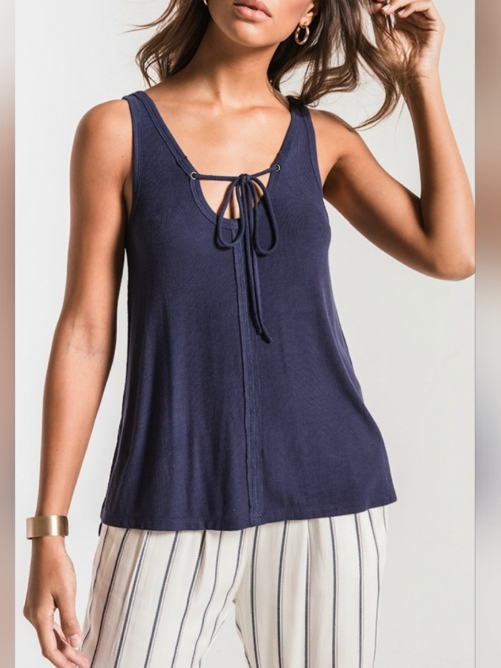Z Supply Micro Rib Tie Front ZT Dark Blue Black Iris Split Hem Tank WN MED NWT
